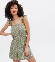 New Look Tall Khaki Floral Crepe Frill Playsuit